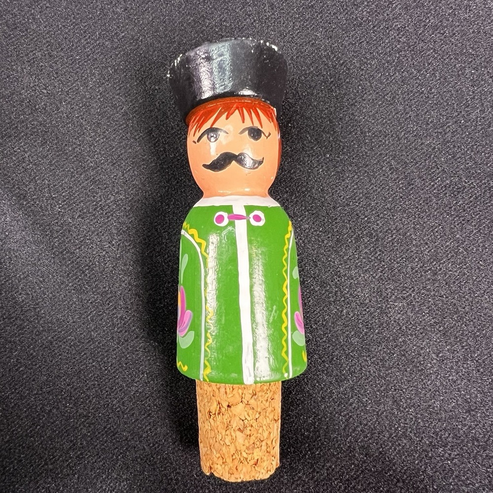 Vintage Hungarian Handmade Hand Painted Folk Art Cork & Wood Bottle Stopper